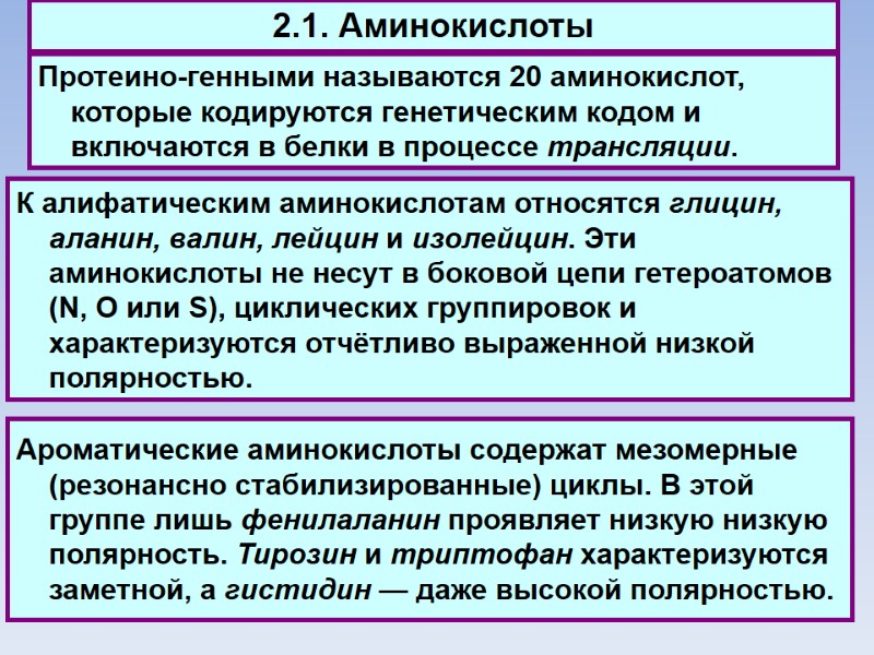 2.1. Аминокислоты Протеино-генными называются 20 аминокислот, которые кодируются генетическим кодом и включаются в белки